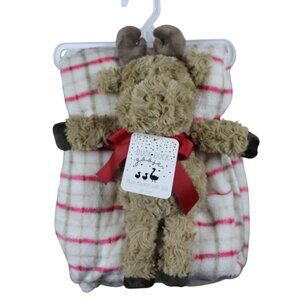 Duck Duck Goose Moose Plush Ivory Plaid Fleece Baby Blanket Set Christmas NWT